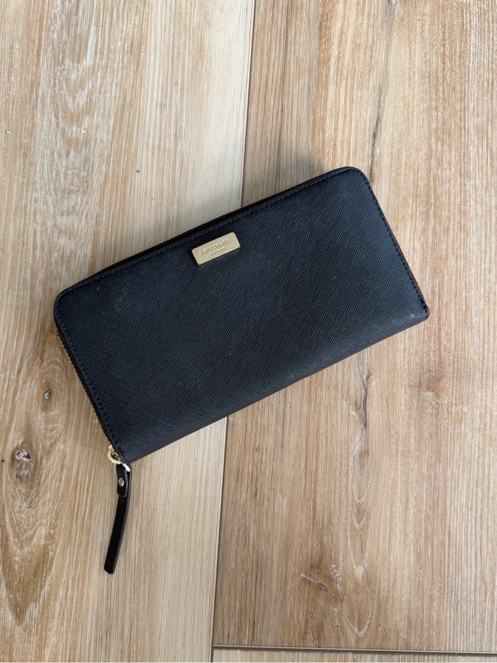Kate Spade Black Saffiano Zip Wallet with Gold Plate